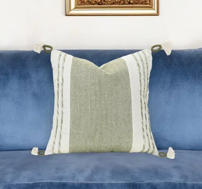 Hivvago 20" Green And White Color Block Cotton Throw Pillow With Tassels In Multi