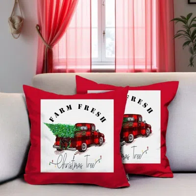 Hivvago Set Of Two 18" Red And White Farm Fresh Christmas Tree Holiday Red Truck Fabric Throw Pillow Covers In Multi