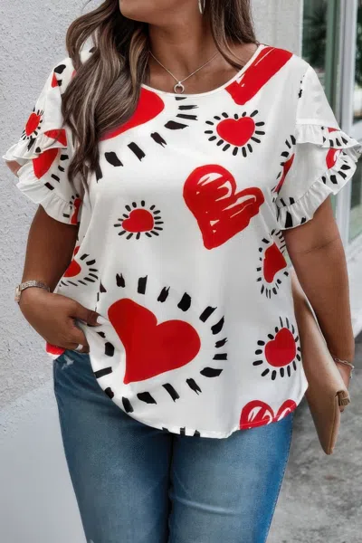 Truedames Plus Size Heart Print Ruffle Hem Sleeve Shirt In Multi