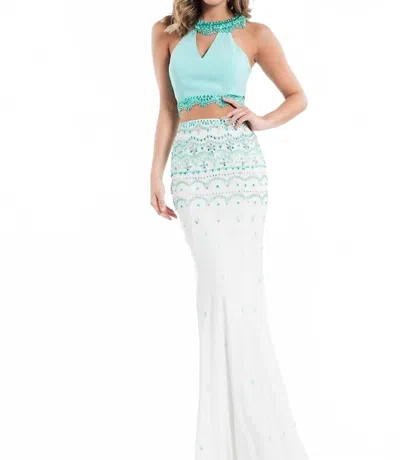 Rachel Allan Two-piece Beaded Jersey Evening Gown In Jade/white In Multi