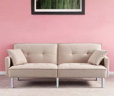 Hivvago 85" Beige Polyester Blend Convertible Futon Sleeper Sofa And Toss Pillows With Silver Legs In Neutral