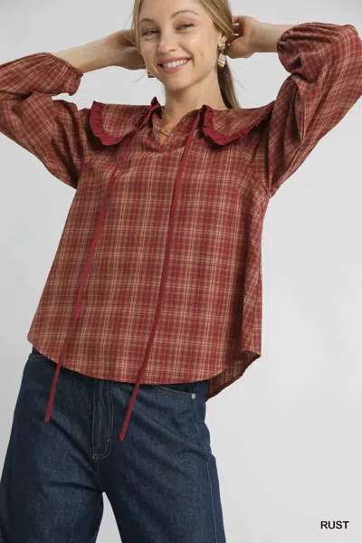 Truedames Full Size Plaid Ruffle Collar Blouse Plus Size In Red