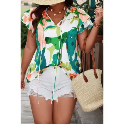 Truedames Plus Random Print Ruffled Sleeve Boho Blouse In Green