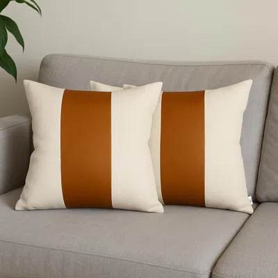 Hivvago Set Of Two 17" Brown And Ivory Faux Leather Throw Pillow Covers In Multi