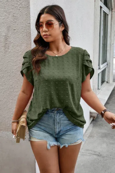 Truedames Plus Size Solid Swiss Dots Short Sleeve Blouse In Green