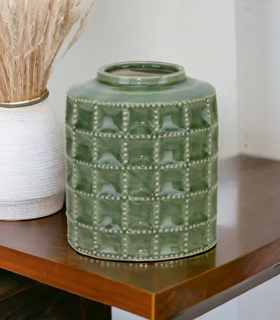 Hivvago 7" Green Terracotta Geometric Cylinder Table Vase In Green