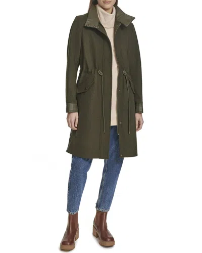 Andrew Marc Feather Leather Trim Wool Blend Coat In Green