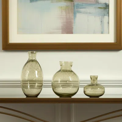 Hivvago Set Of Three Sage Green Seeded Bubble Glass Table Vases In Green
