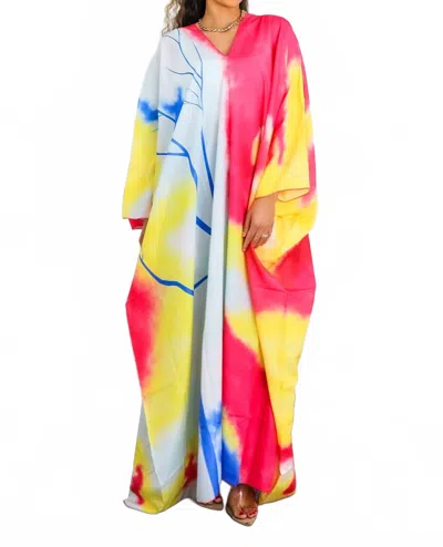 Surelymine Colorburst Abstract Kimono Maxi Dress Flowy V-neck Style In Multi In Multi