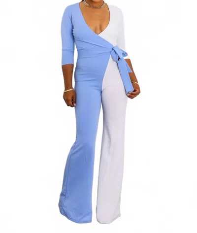 Surelymine Sky & Ivory Colorblock Wrap Jumpsuit In Multi In Multi