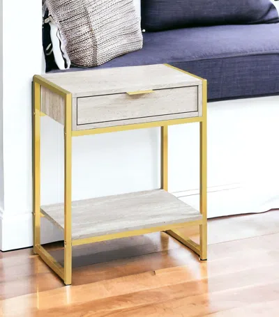 Hivvago 24" Gold And Beige Wood And Metal End Table With Drawer And Shelf In Gold