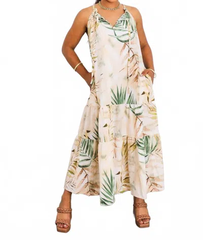 Surelymine Tropical Palm Tiered Maxi Dress In Sand & Sage In Multi