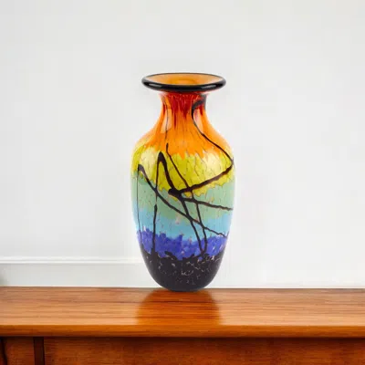 Hivvago 11" Black Blue Red And Yellow Abstract Urn Handblown Glass Table Vase In Multi
