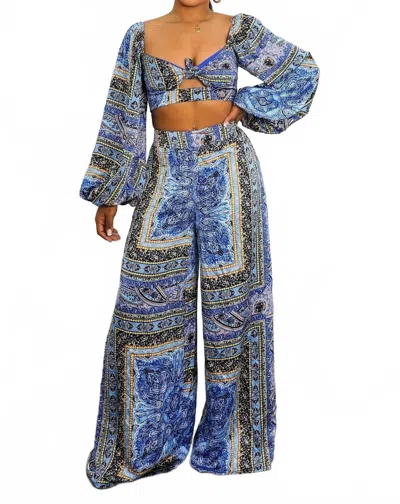 Surelymine Bold Baroque Print Two-piece Set Tie Front Crop & Wide Pants In Multi In Multi