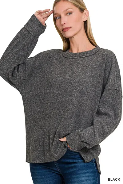Truedames Full Size Ribbed Brushed Hacci Melange Henley Sweater Plus Size In Green