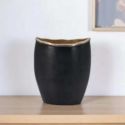 Hivvago 10" Black And Gold Cast Aluminum Oval Table Vase In Black