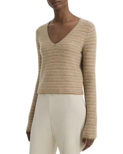 Vince Fair Isle V-neck Long Sleeve Tee In Sandshell Combo In Brown