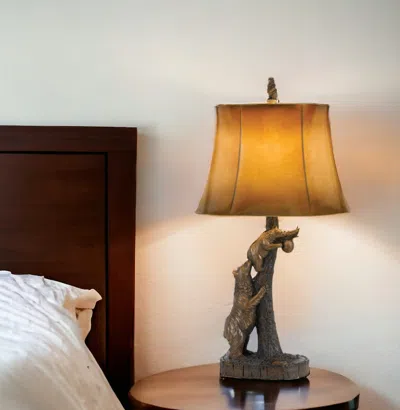 Hivvago 31" Bronze Bears After The Honey Table Lamp With Brown Faux Leather Shade In Brown