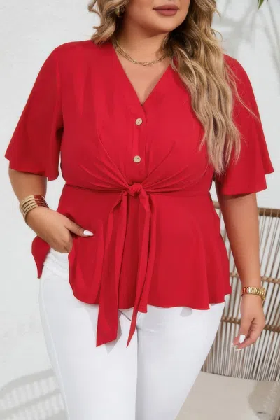 Truedames Plus Tie Front Half Button V Neck Solid Blouse In Red