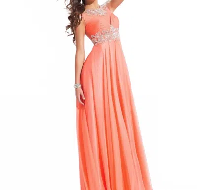 Rachel Allan Beaded High Mesh Neck Chiffon Prom Gown In Coral In Orange