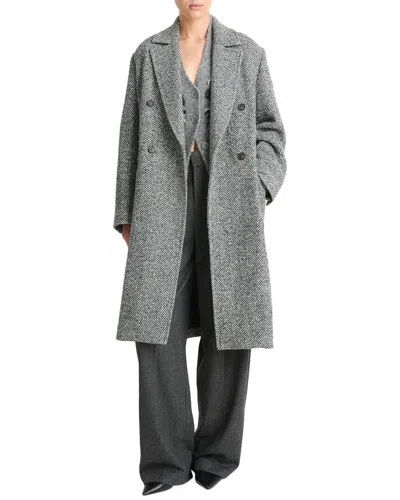 Vince Herringbone Tweed Double Breasted Coat In Gray