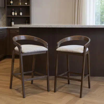 Hivvago Set Of Two 31" Gray And Espresso Fabric And Solid Wood Low Back Bar Height Bar Chairs In Brown
