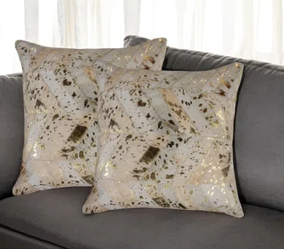 Hivvago Set Of Two 18" Natural And Gold Chevron Cowhide Throw Pillows With Glitter In Neutral