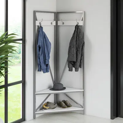 Hivvago Modern Metal Hall Tree Coat Rack Shoe Storage Bench With White Seat And Shelf In Multi