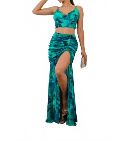 Surelymine Dipped In Ruching Maxi Skirt Set With Plunging Slit In Green In Green