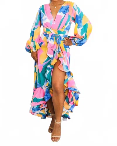 Surelymine Color Splash Ruffle Wrap Maxi Dress With Balloon Sleeves In Multi In Multi