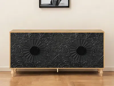 Hivvago 68" Natural And Black Distressed Carved Floral Sideboard With Four Doors In Black