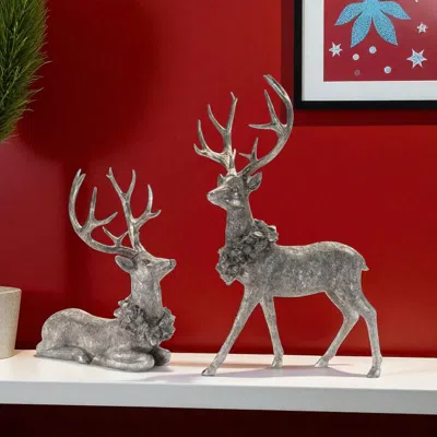 Hivvago Set Of Two Silver And Black Polyresin Deer Christmas Figurine In Brown