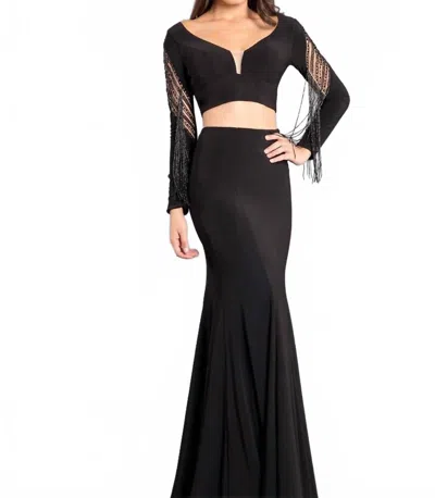 Rachel Allan Two-piece Jersey Evening Gown With Fringe In Black In Black