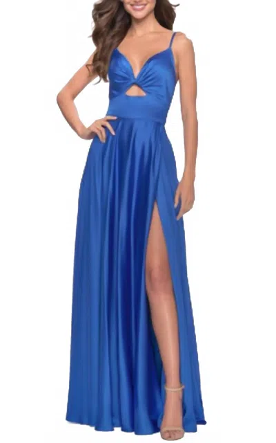 La Femme Satin A-line Gown With Cut Out And Twist Bodice In Animal Print