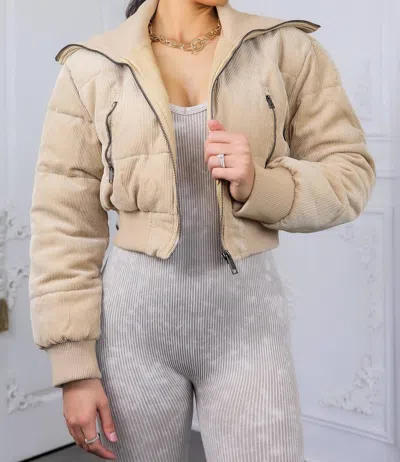 Surelymine Keep Up With Me Crop Corduroy Full Zipper Puffer Jacket In Beige In Neutral
