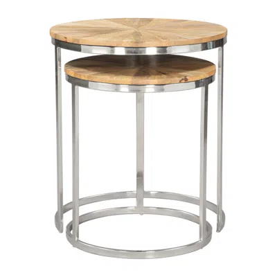 Hivvago Set Of Two Natural And Silver Solid Wood And Iron Round Frame Nested Tables In Multi