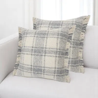 Hivvago Set Of Two 20" Off White And Gray Plaid Cotton Throw Pillows With Fringe In Multi