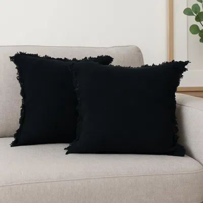 Hivvago Set Of Two 20" Black Cotton Throw Pillows With Fringe In Black