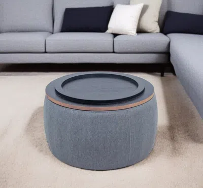 Hivvago 26" Dark Gray And Natural Fabric And Wood Reversible Tray Top Round Storage Ottoman In Blue