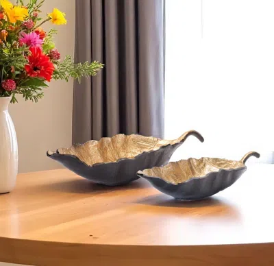 Hivvago Set Of Two 25" Black And Gold Cast Aluminum Rustic Leaf Centerpiece Bowls In Gray