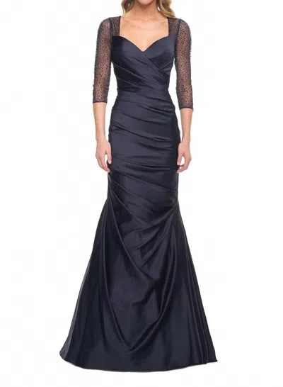 La Femme Illusion Beaded Sleeve Mermaid Satin Pleated Gown In Black