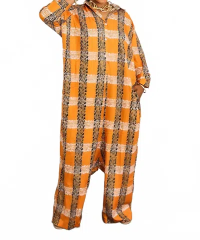 Surelymine Oversized Tribal Print Button-up Kimono Jumpsuit In Orange In Orange