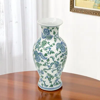 Hivvago 19" White Blue And Green Floral Urn Porcelain Table Vase In Multi