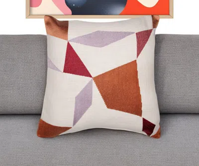 Hivvago 20" Ivory Red And Orange Geometric Cotton Blend Throw Pillow With Embroidery In Multi