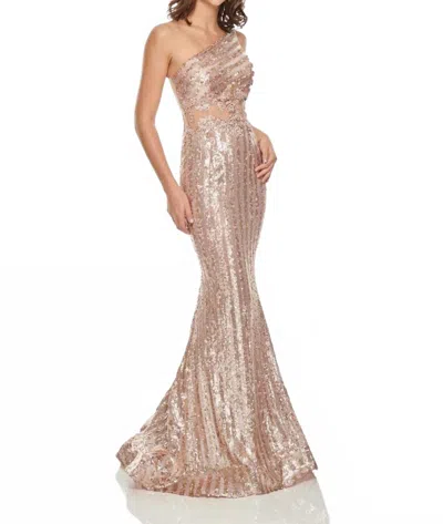 Rachel Allan One Shoulder Sequin Jersey Prom Gown With Beaded Applique In Rose Gold In Gold
