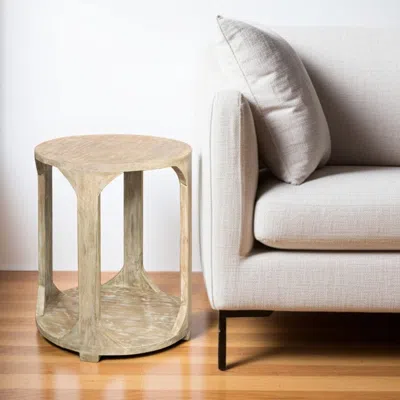 Hivvago 24" Natural Distressed Solid Wood Round Frame End Table With Shelf In Brown