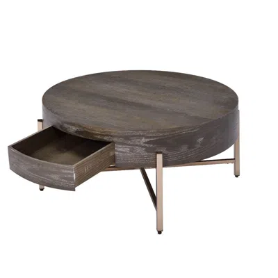 Hivvago 32" Dark Brown And Champagne Wood And Metal Round Sled Coffee Table With Drawer In Brown