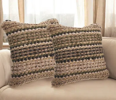 Hivvago Set Of Two 18" Brown And Dark Green Striped Cotton Blend Throw Pillows With Texture In Brown