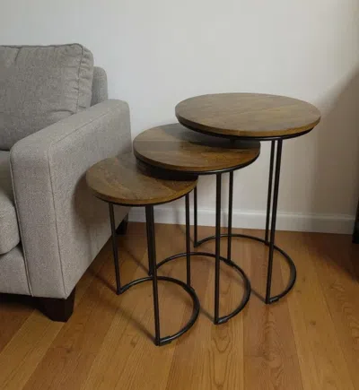 Hivvago Set Of Two Chestnut And Black Solid Wood And Metal Round Frame Nested Tables In Black