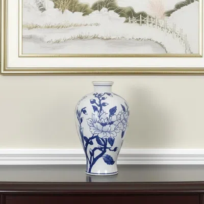 Hivvago 10" Blue And White Floral Round Porcelain Table Vase In Blue